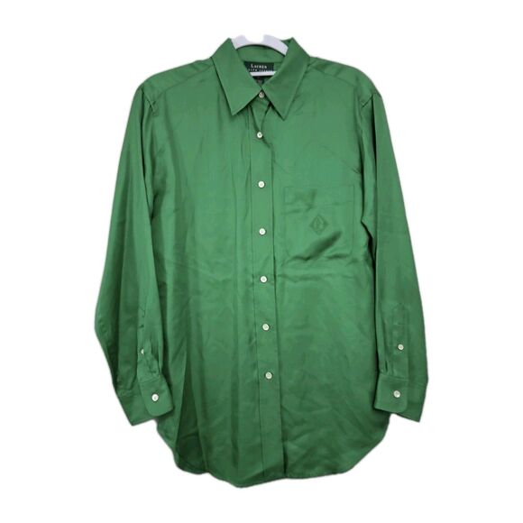 New Lauren Ralph Lauren Silk Blouse Womens 8 Medium Top Button Up Shirt Green - Picture 1 of 10